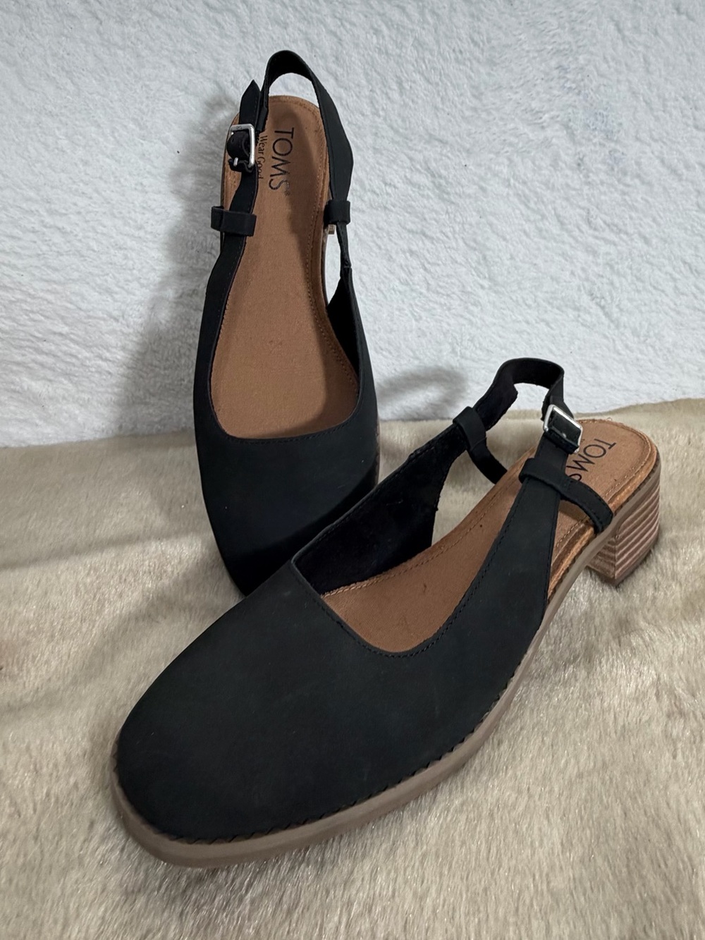 TOMS Jaclyn Slingback Heel Nubuck Leather Black Womens Size 9 Block Heels